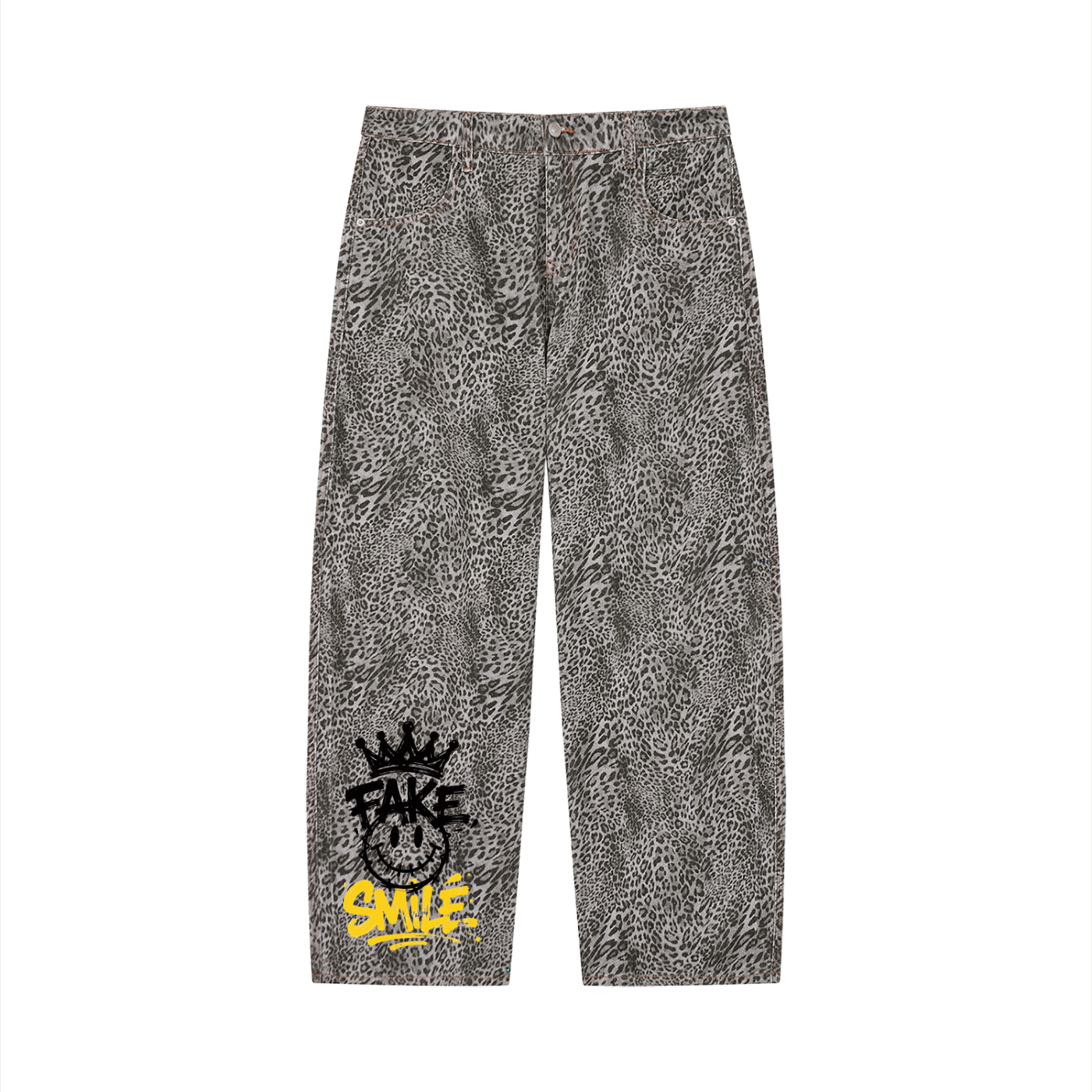 ODMPOD vintage wash leopard wide leg jeans, featuring retro style with leopard print pattern and relaxed wide leg fit.