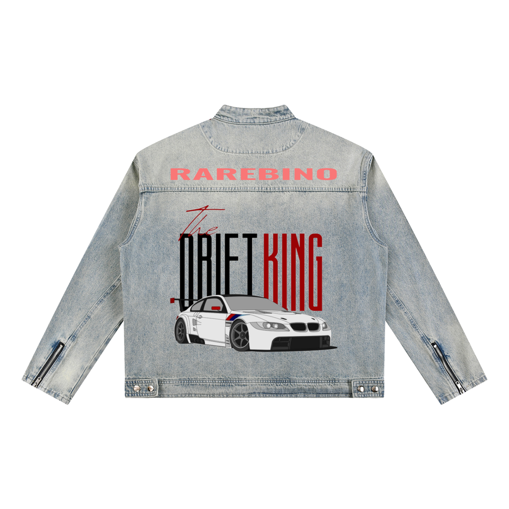Vintage wash zip denim jacket by RAREBINO hanging on a wooden hanger, showcasing classic denim style and distressed detailing.