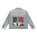 Vintage wash zip denim jacket by RAREBINO hanging on a wooden hanger, showcasing classic denim style and distressed detailing.