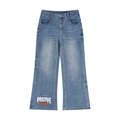 Vintage wash wide-leg jeans by RAREBINO with relaxed fit and high waist, displayed hanging on a wooden background.