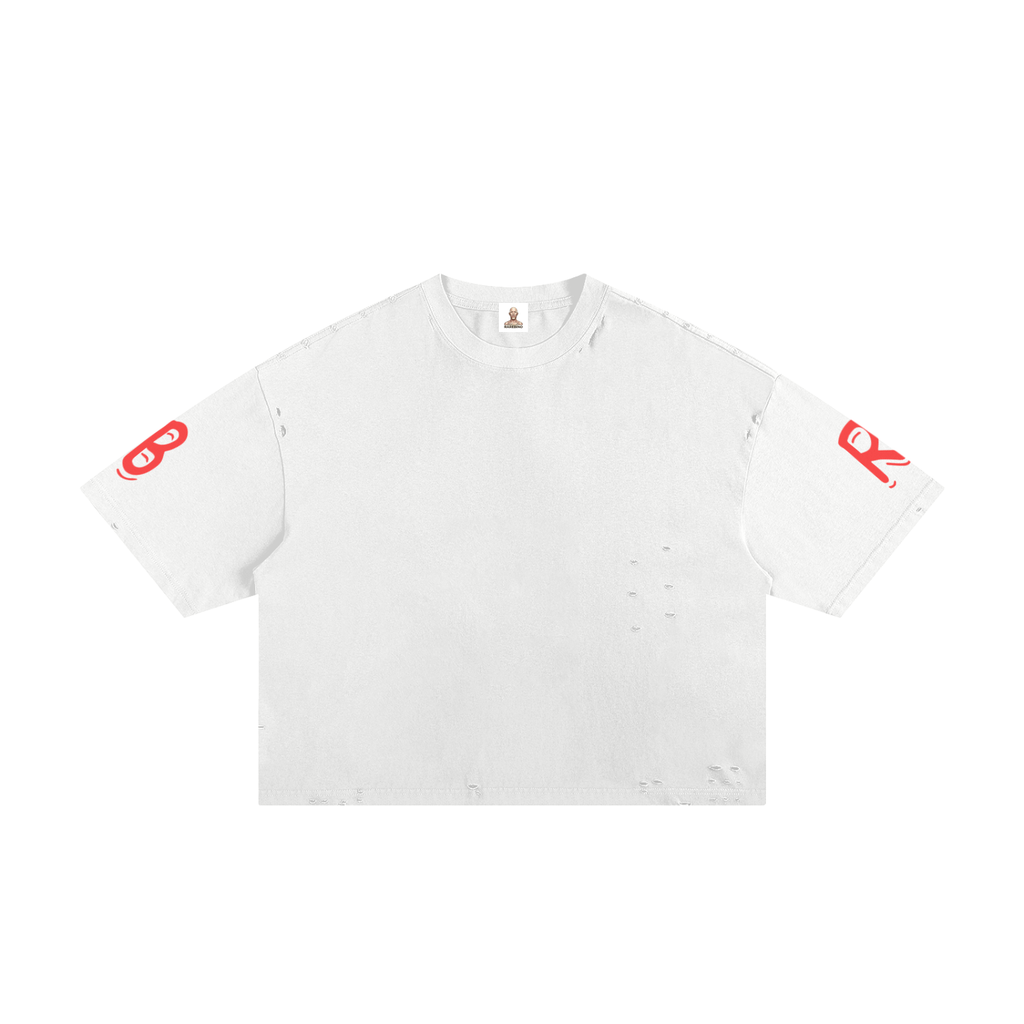 Rarebino classic frayed boxy tee displayed on a hanger, showcasing its relaxed fit and distressed hem detail.