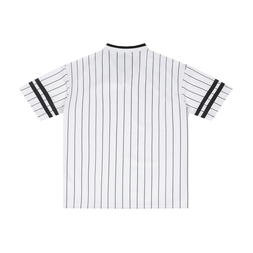 Striped loose-fit V-neck T-shirt by RAREBINO featuring a casual design and multicolor horizontal stripes.