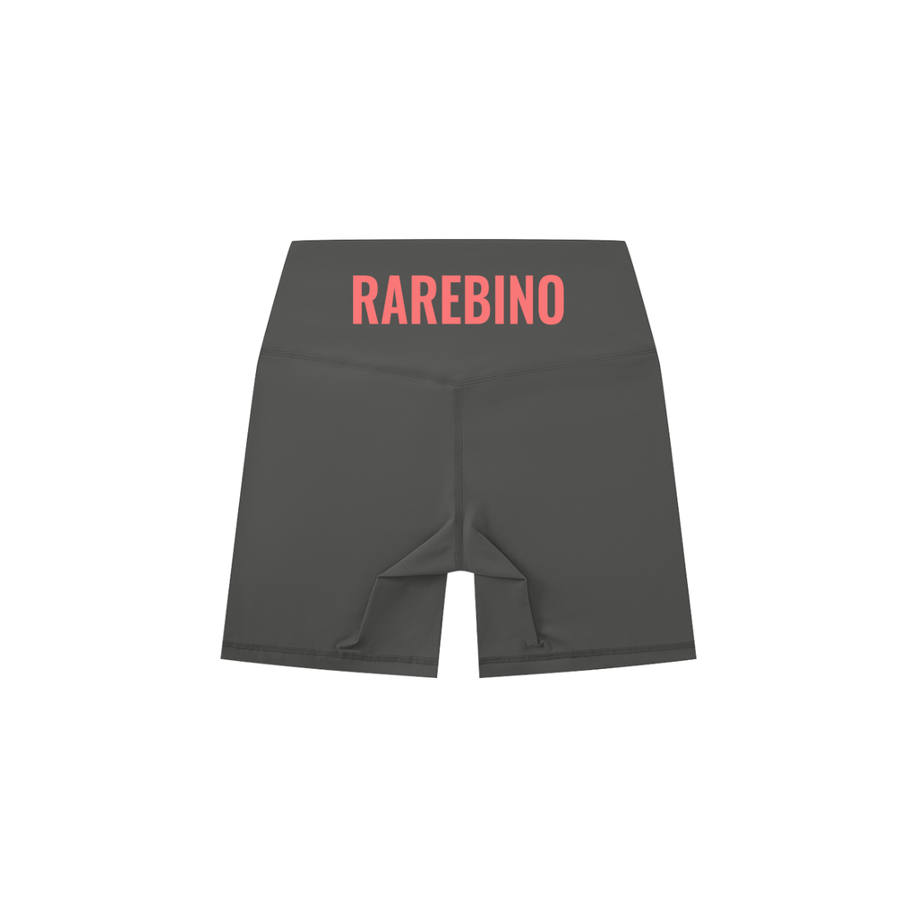 Black high-waisted biker shorts by RAREBINO, close-up of fitted stretch fabric and sleek design for activewear or casual wear.