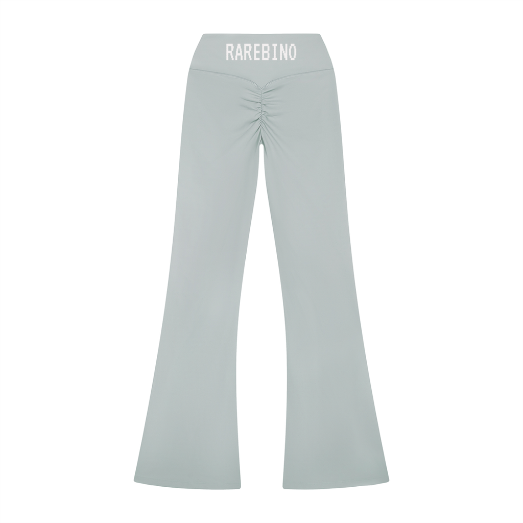 Rarebino high rise flared leggings, black stretchy fabric with fitted waist and flared leg design, full-length view.
