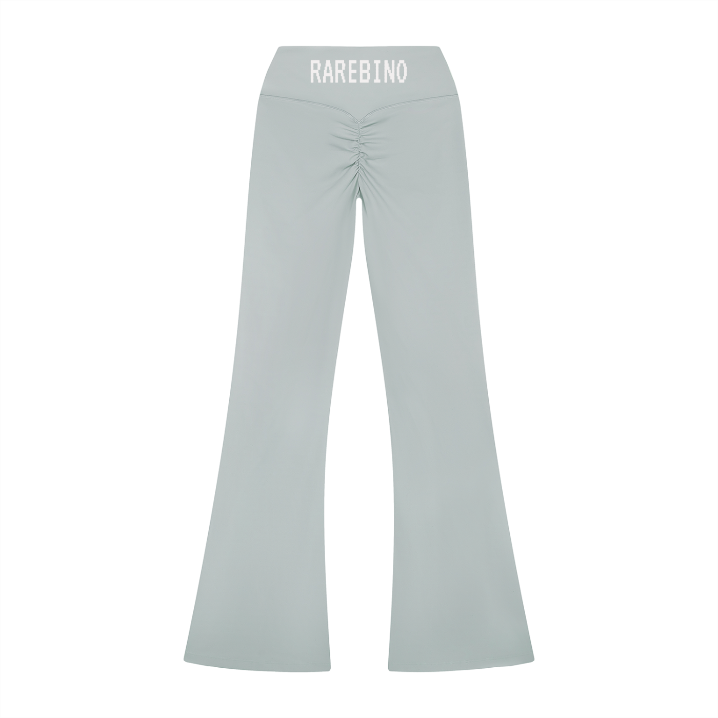 Rarebino high rise flared leggings, black stretchy fabric with fitted waist and flared leg design, full-length view.