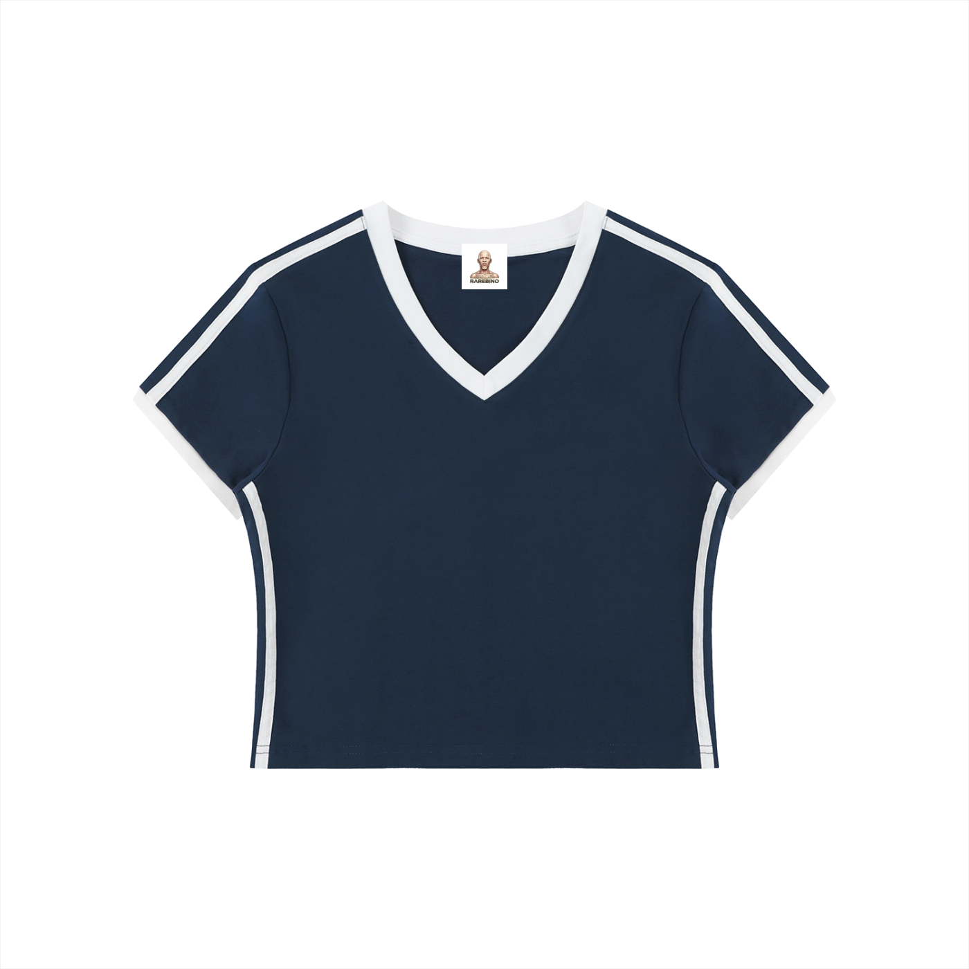 Retro binding V-neck crop T-shirt by RAREBINO featuring a stylish cropped fit and vintage-inspired design.
