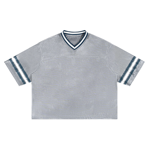 Boxy striped RAREBINO soccer jersey with blue, white, and black horizontal stripes, short sleeves, and team logo on front.