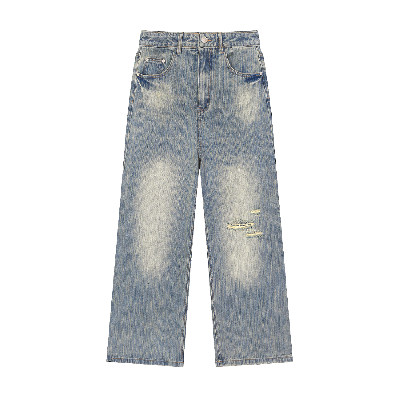Distressed vintage wash denim jeans by RAREBINO with a relaxed fit and faded details, shown on a model.