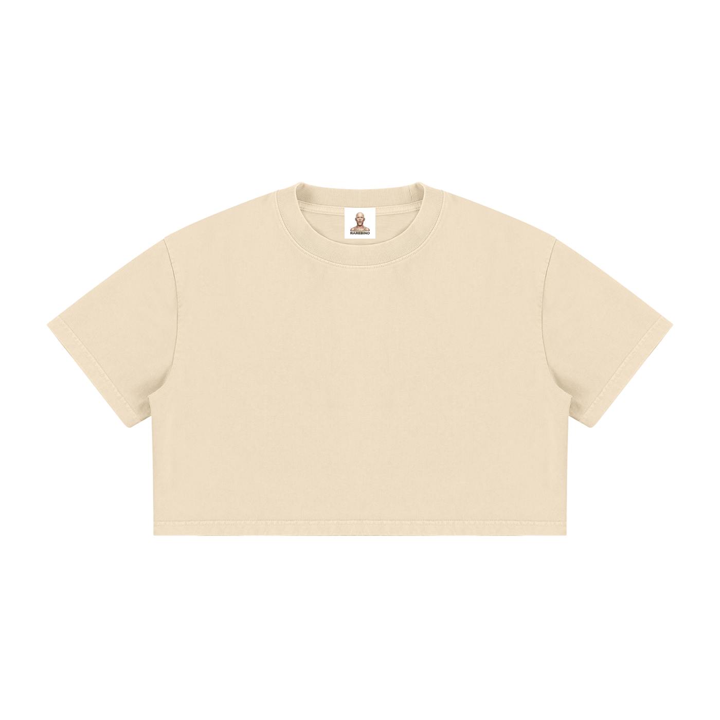 RAREBINO Mineral Wash Cotton Crop T-Shirt, close-up of soft, distressed mineral wash fabric and cropped fit on a model.