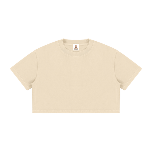 RAREBINO Mineral Wash Cotton Crop T-Shirt, close-up of soft, distressed mineral wash fabric and cropped fit on a model.