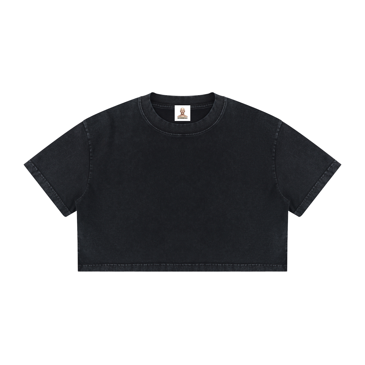 Mineral wash cotton crop t-shirt by RAREBINO, showing a close-up of the textured fabric and cropped fit in neutral tones.