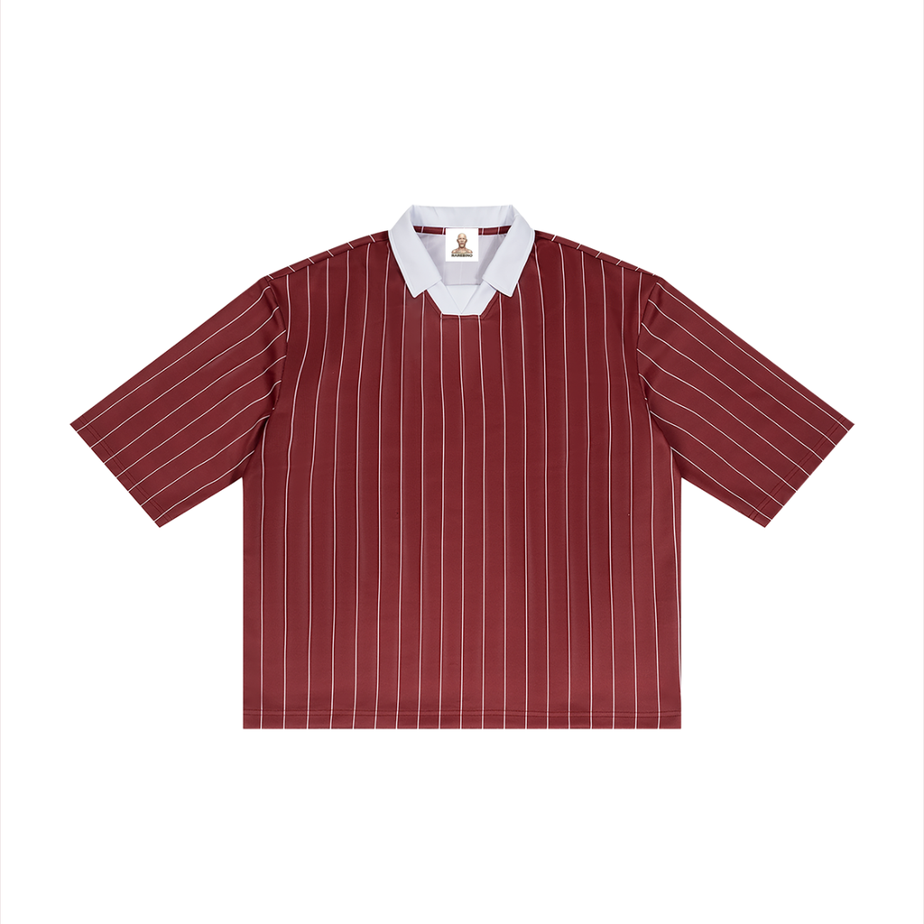 Rarebino pinstripe collared soccer jersey with team logo and vibrant design, perfect for sports enthusiasts.