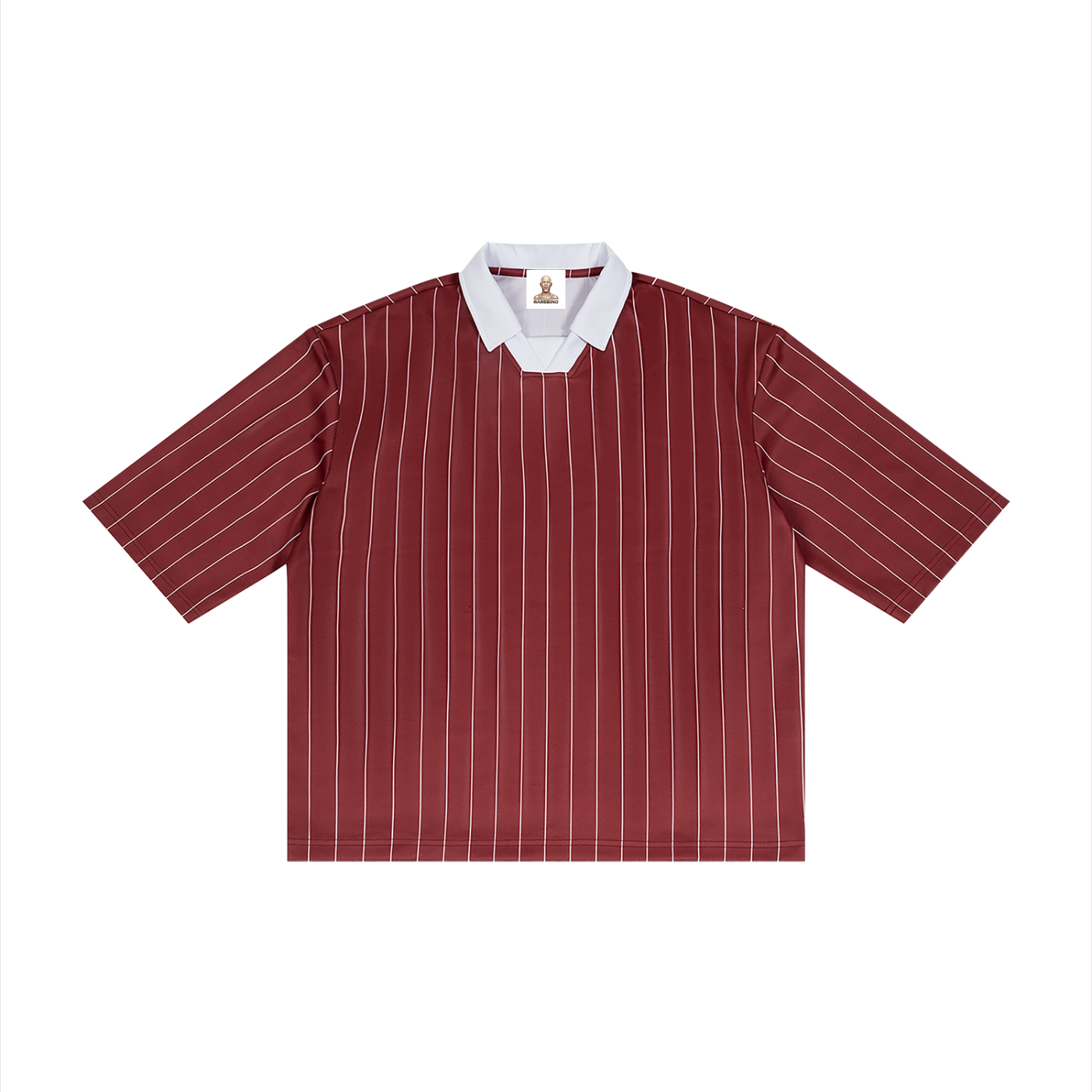 Rarebino pinstripe collared soccer jersey with team logo and vibrant design, perfect for sports enthusiasts.