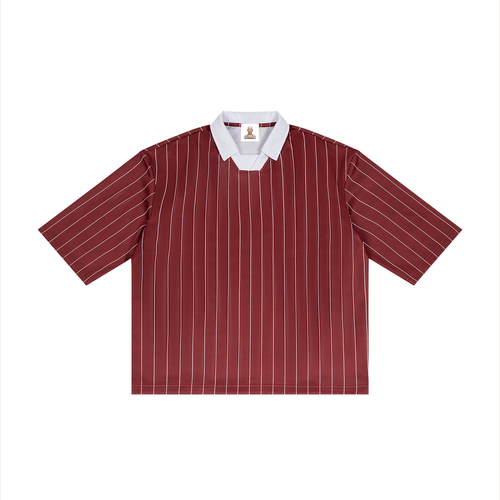 Rarebino pinstripe collared soccer jersey with team logo and vibrant design, perfect for sports enthusiasts.