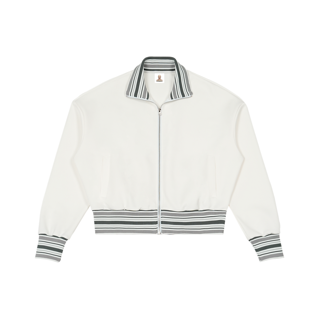 ODMPOD striped rib collar zip jacket featuring a stylish design with a front zipper and ribbed collar for a casual look.