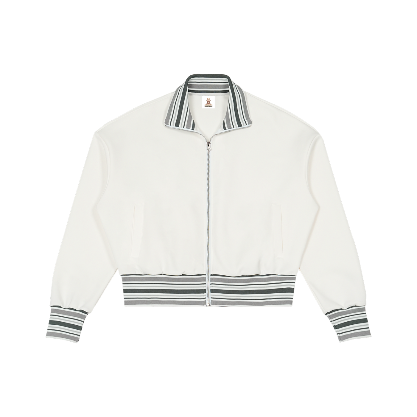 ODMPOD striped rib collar zip jacket featuring a stylish design with a front zipper and ribbed collar for a casual look.