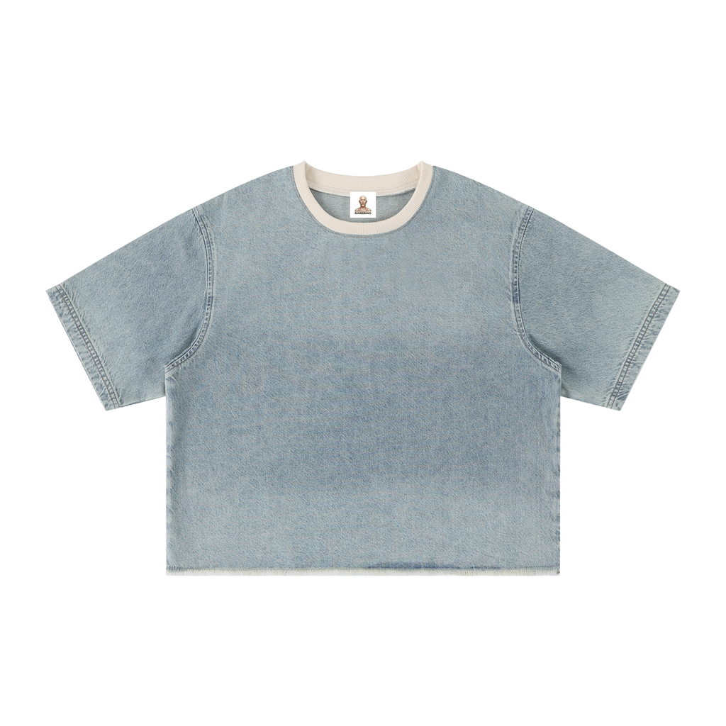 Vintage wash boxy raw hem denim T-shirt by RAREBINO, featuring a relaxed fit and distressed raw hem detail.