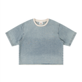 Vintage wash boxy raw hem denim T-shirt by RAREBINO, featuring a relaxed fit and distressed raw hem detail.
