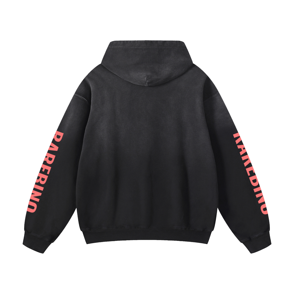 Rarebino heavyweight sunfade oversized hoodie shown in a relaxed fit with sun-faded fabric and bold branding details.