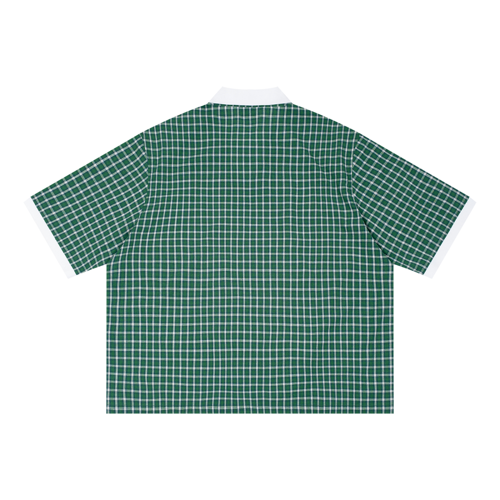 Boxy plaid color block polo shirt by RAREBINO featuring a classic collar, short sleeves, and bold plaid pattern.