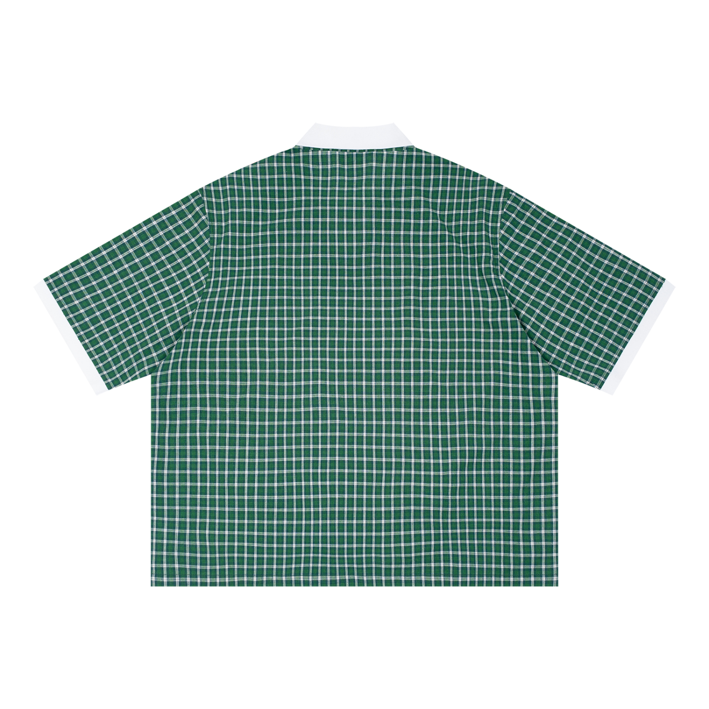 Boxy plaid color block polo shirt by RAREBINO featuring a classic collar, short sleeves, and bold plaid pattern.