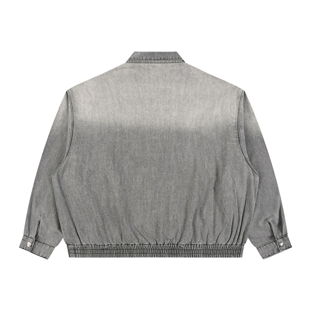 Vintage wash RAREBINO full-zip denim jacket with classic collar and front pockets, displayed on a hanger.