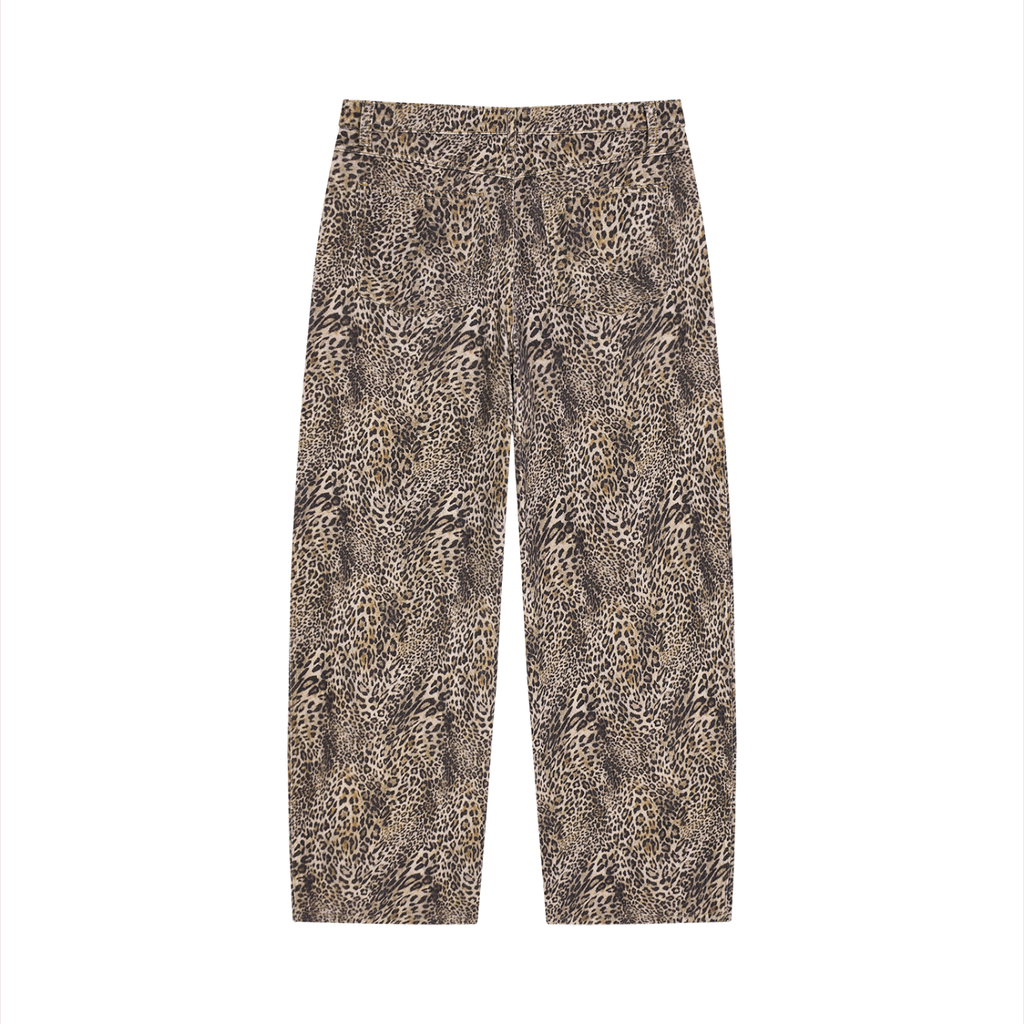 Vintage wash leopard print wide leg jeans by ODMPOD with a relaxed fit and high waist, featuring bold leopard patterns and wide pant legs.