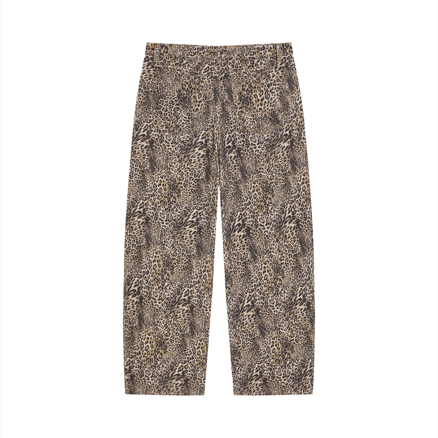 Vintage wash leopard print wide leg jeans by ODMPOD with a relaxed fit and high waist, featuring bold leopard patterns and wide pant legs.