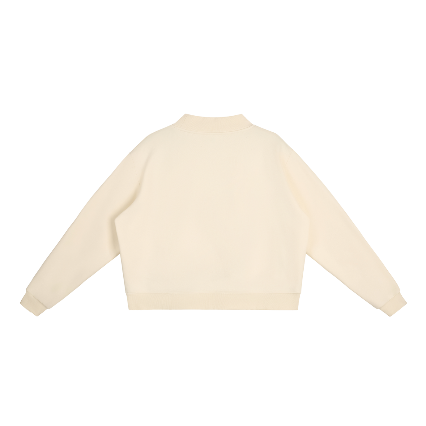 Cream-colored RAREBINO Essential fleece mock-neck crew sweatshirt displayed on a hanger, showcasing its soft fabric and cozy fit.