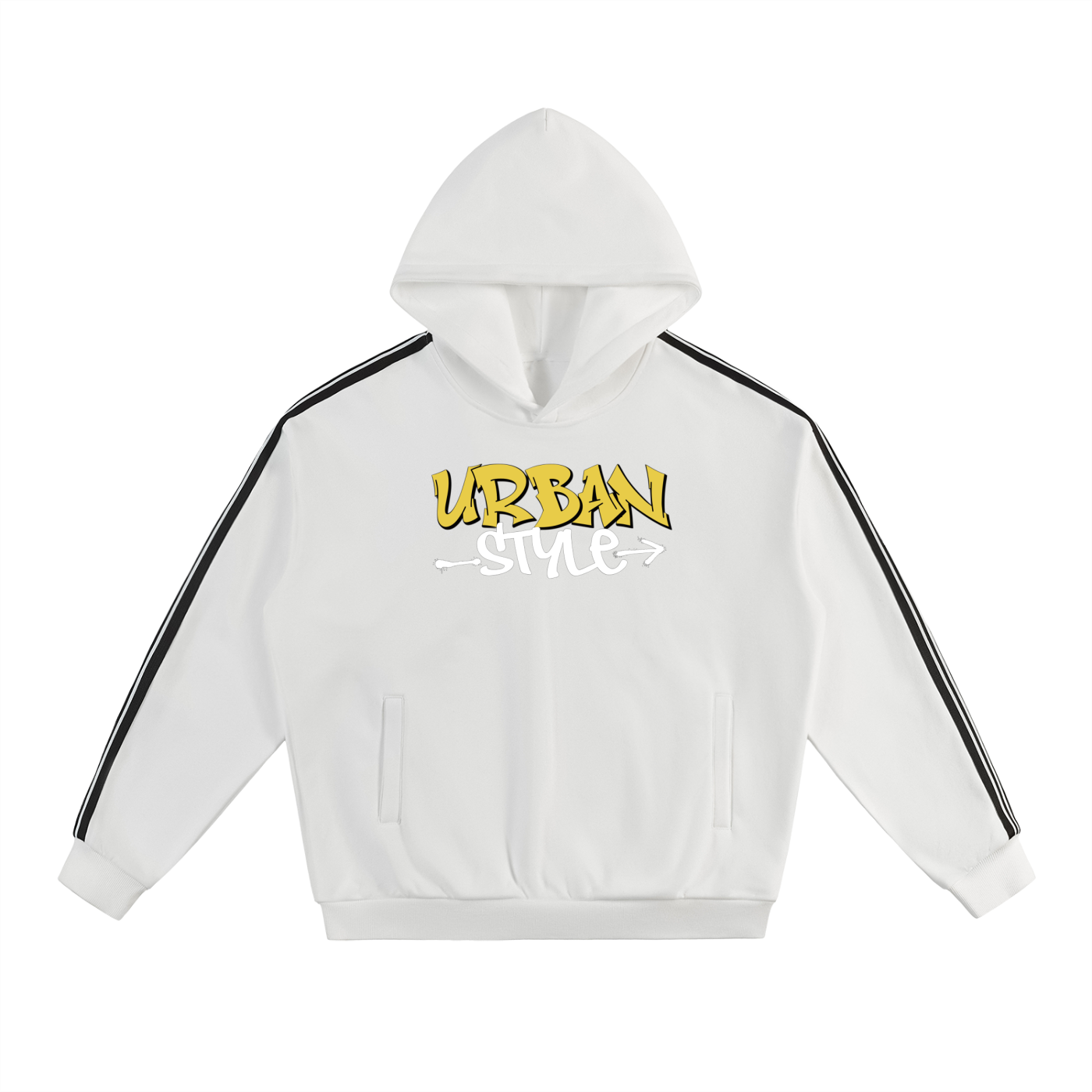 Black RAREBINO side stripe drop-shoulder hoodie with casual fit and stylish design, featuring contrasting stripe details on the sleeves.