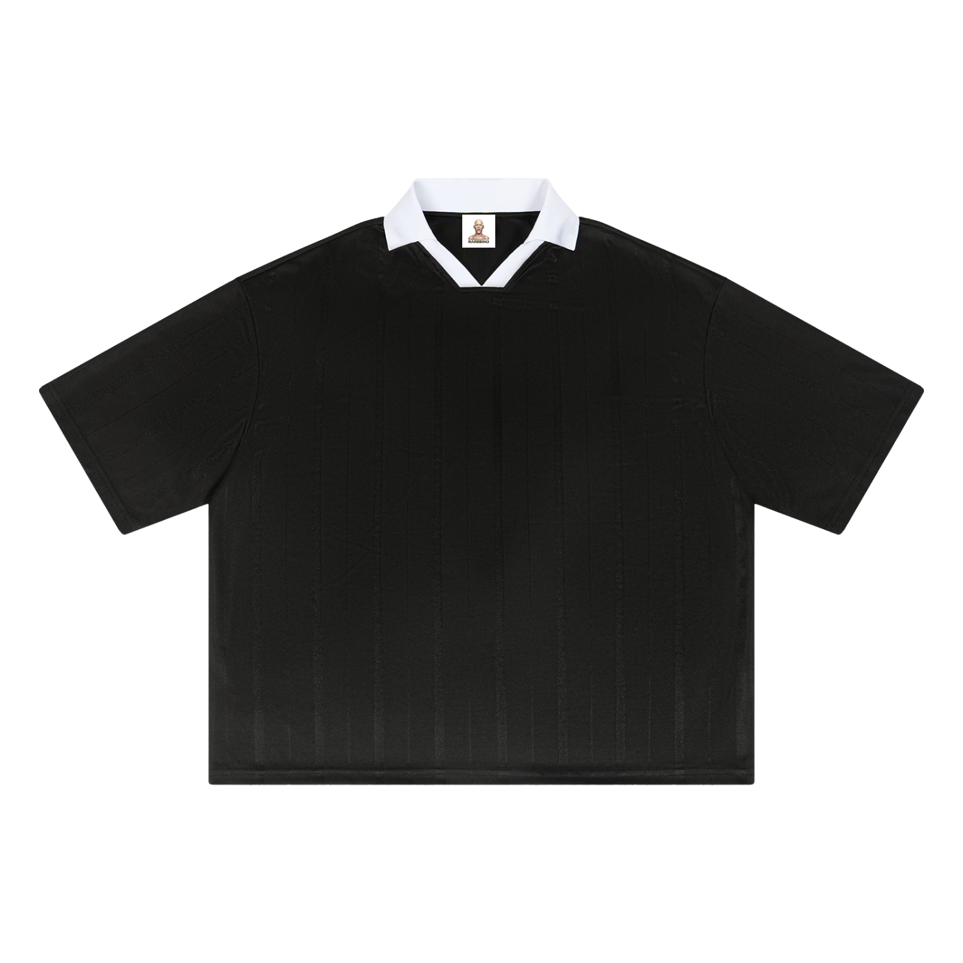 Striped boxy soccer jersey by RAREBINO with bold horizontal black and white stripes on lightweight fabric.