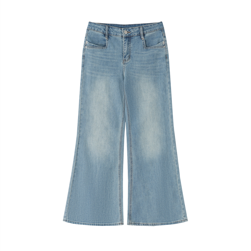 Vintage wash flared leg jeans from RAREBINO showing high-rise fit and classic denim texture in a natural pose.