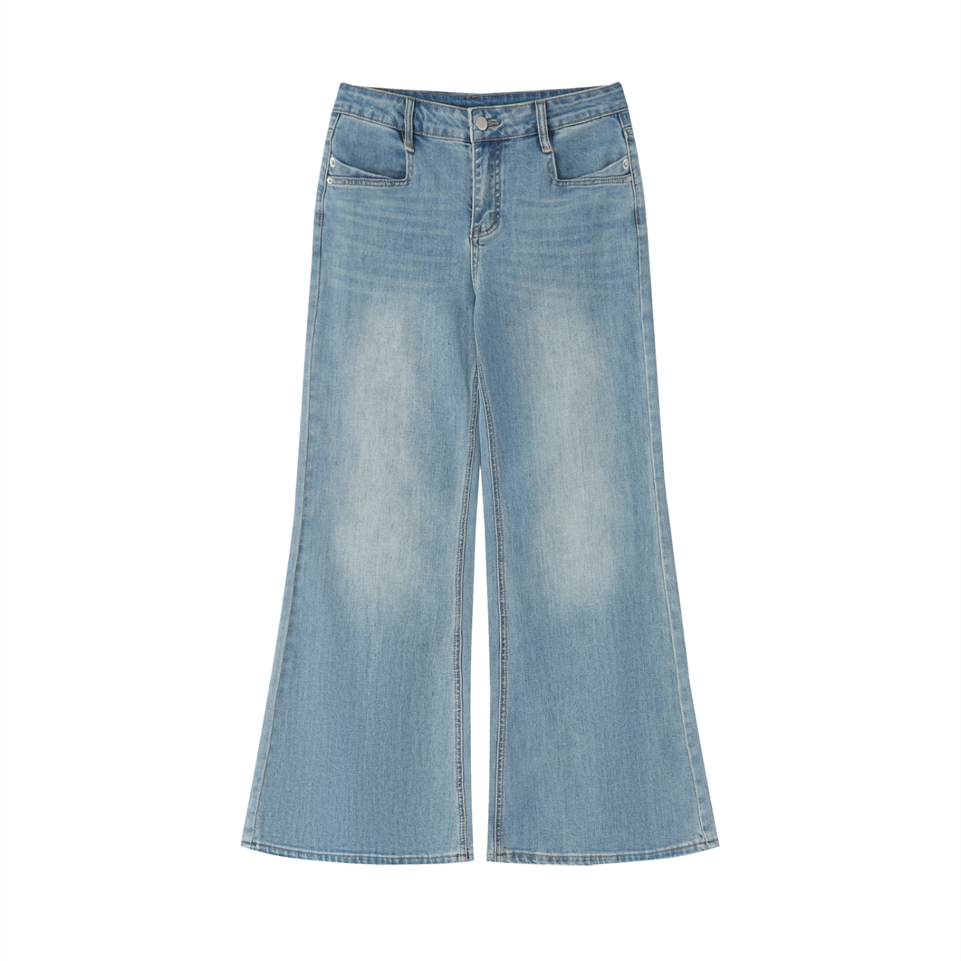Vintage wash flared leg jeans from RAREBINO showing high-rise fit and classic denim texture in a natural pose.