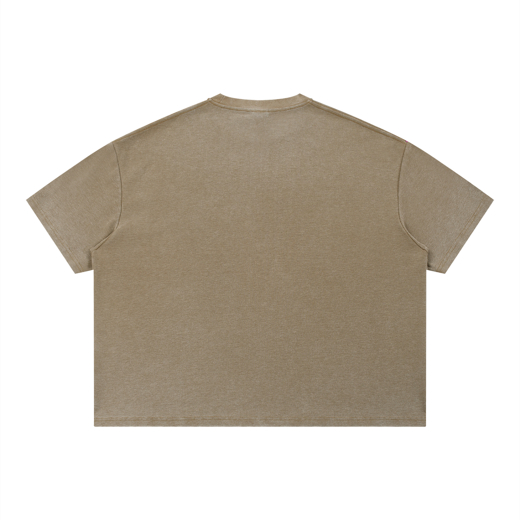 Vintage wash sunfade boxy waffle T-shirt by RAREBINO showing a relaxed fit with a textured waffle fabric and faded sun-inspired design.