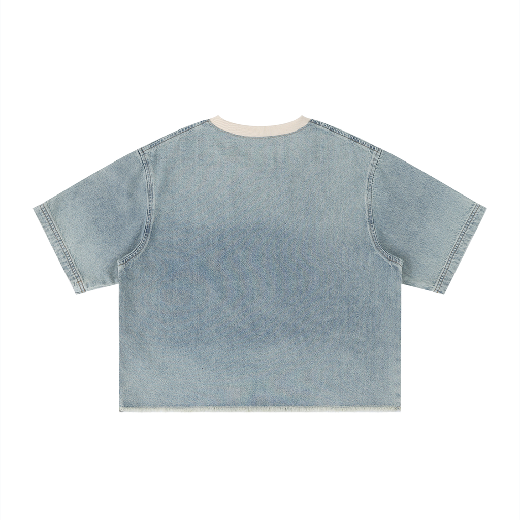 Vintage wash boxy raw hem denim T-shirt by RAREBINO, featuring a relaxed fit and distressed raw hem detail.