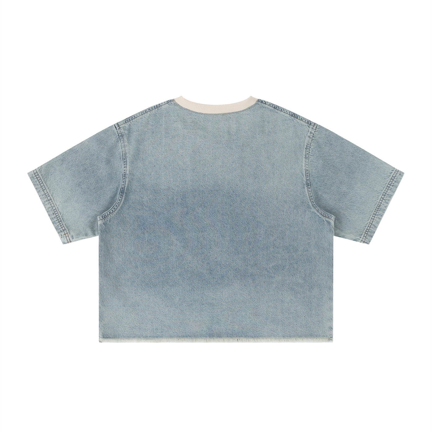 Vintage wash boxy raw hem denim T-shirt by RAREBINO, featuring a relaxed fit and distressed raw hem detail.