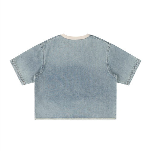 Vintage wash boxy raw hem denim T-shirt by RAREBINO, featuring a relaxed fit and distressed raw hem detail.