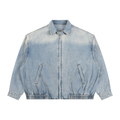 Vintage wash RAREBINO full-zip denim jacket with classic collar and chest pockets, displayed on a hanger.