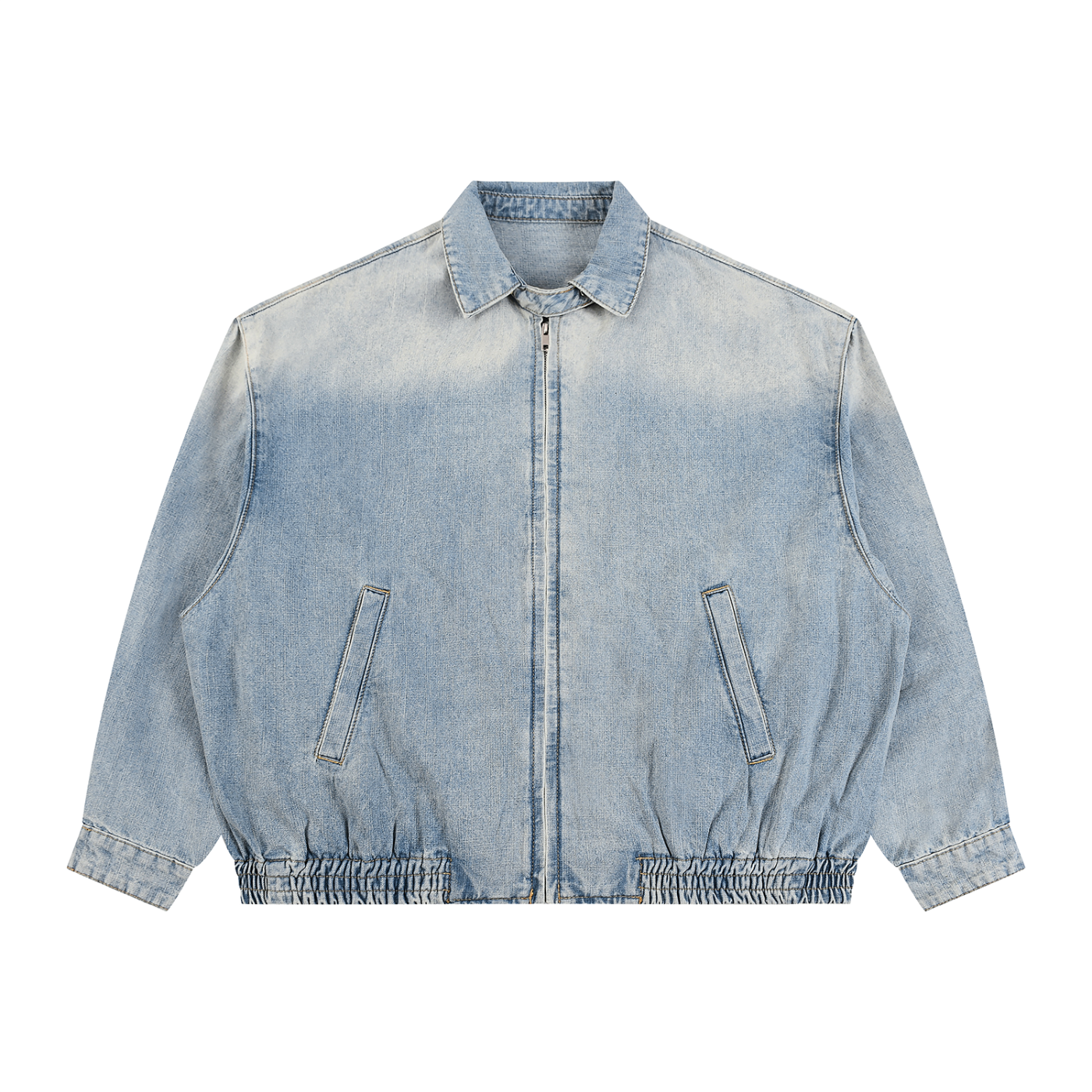 Vintage wash RAREBINO full-zip denim jacket with classic collar and chest pockets, displayed on a hanger.