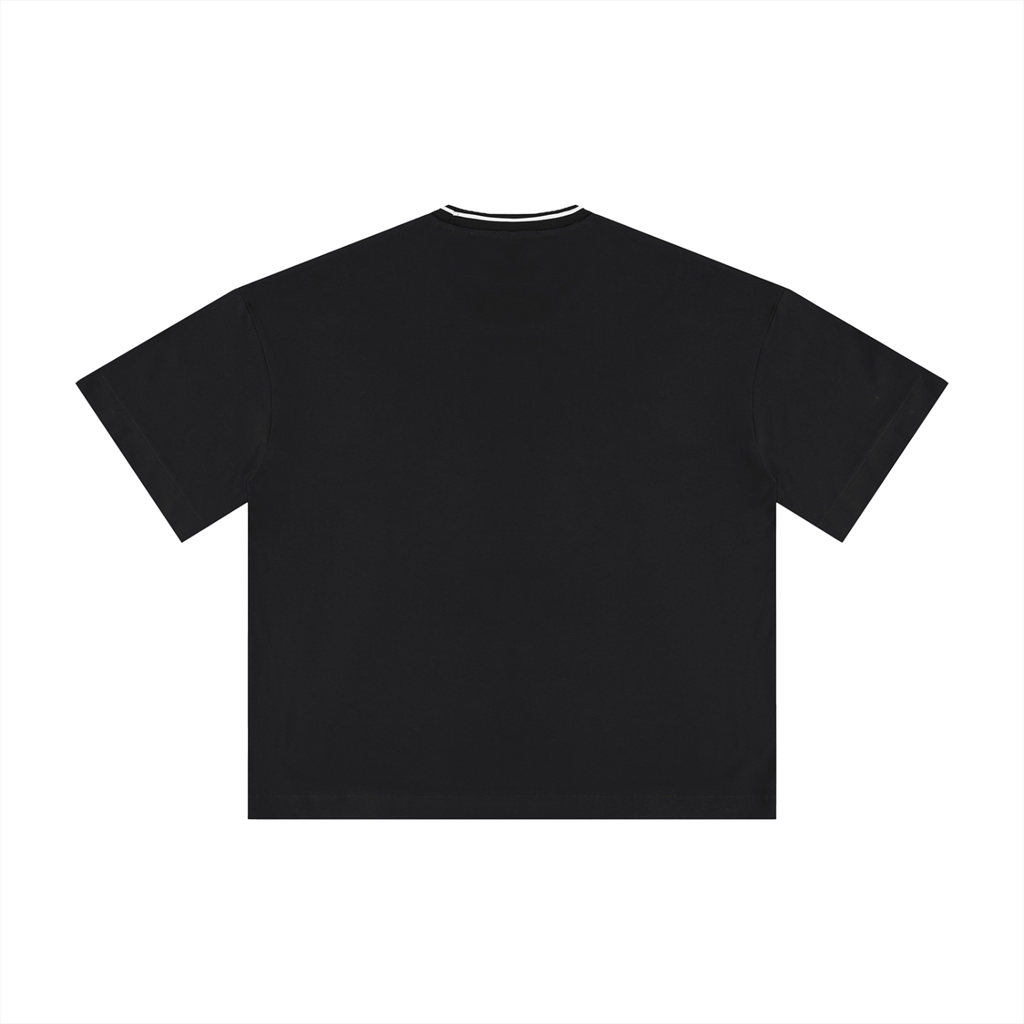 Black boxy ribbed T-shirt by RAREBINO showing a relaxed fit with ribbed fabric and short sleeves.