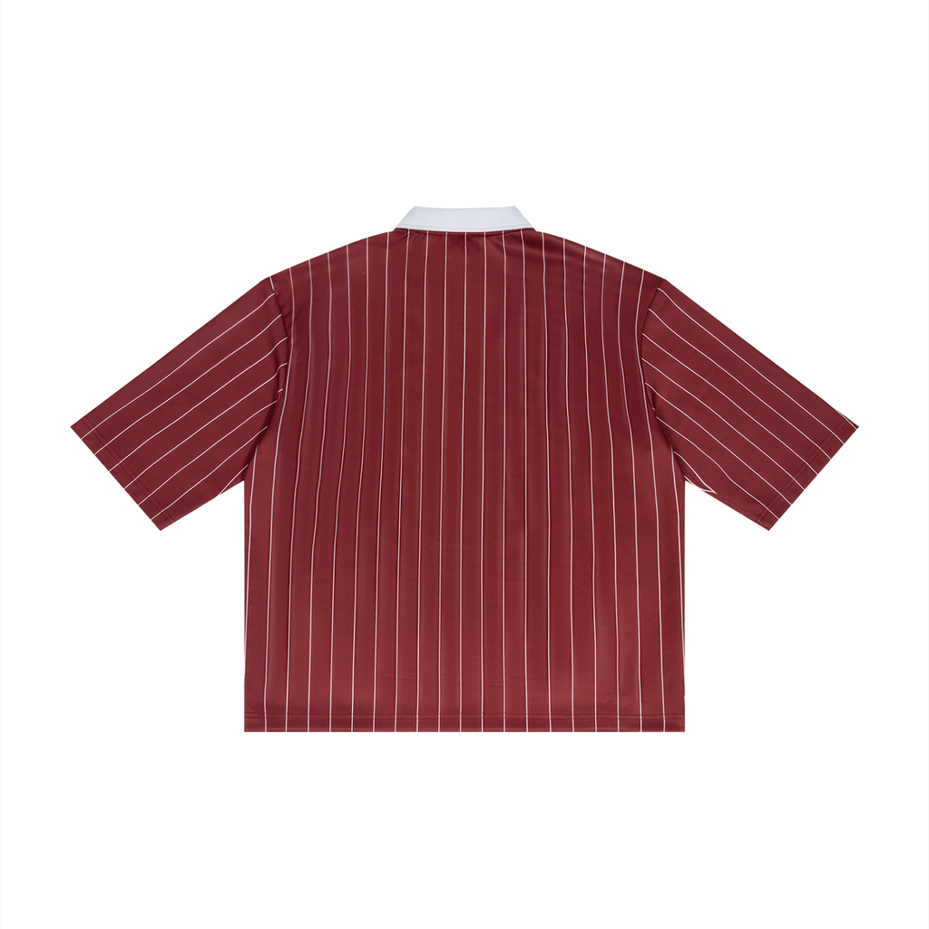 Rarebino pinstripe collared soccer jersey with team crest and player number, featuring a stylish navy and white design.