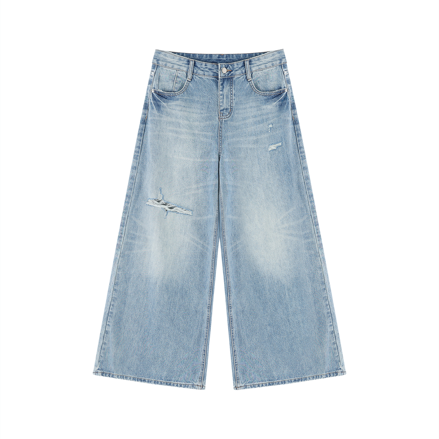 RAREBINO vintage wash distressed wide leg jeans, showing faded denim fabric, high waist, and wide leg silhouette on a plain background.