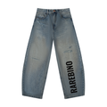 Distressed barrel leg jeans by RAREBINO featuring a relaxed fit, faded wash, and trendy distressed details.
