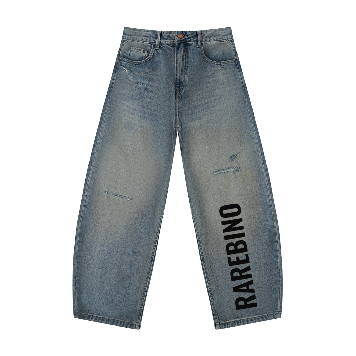 Distressed barrel leg jeans by RAREBINO featuring a relaxed fit, faded wash, and trendy distressed details.
