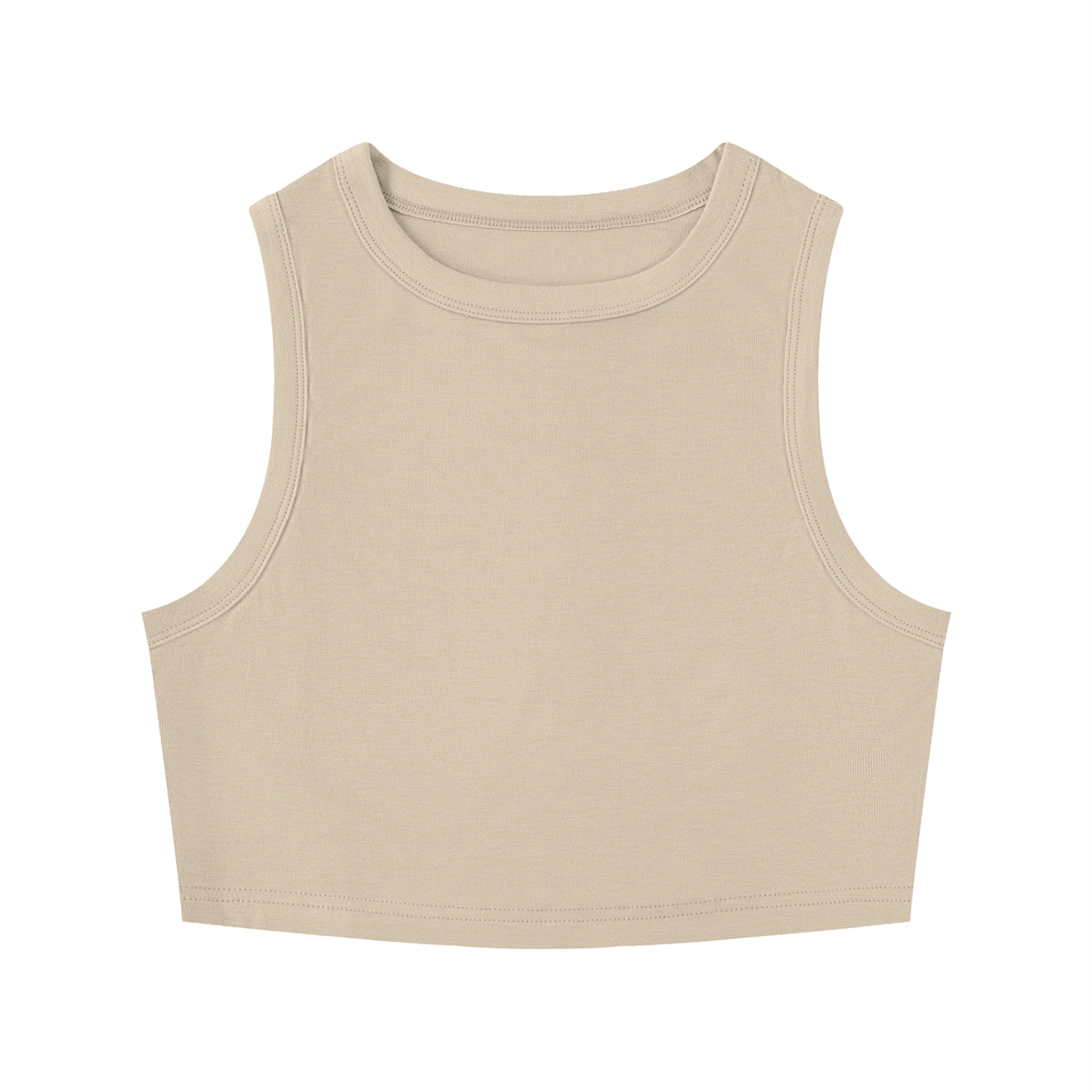 Rarebino tight crewneck crop tank top, close-up of fitted black crop top with crewneck and sleeveless design.