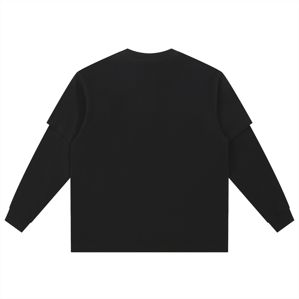 Black layered long sleeve oversized tee by RAREBINO, featuring a relaxed fit and stylish layered design.