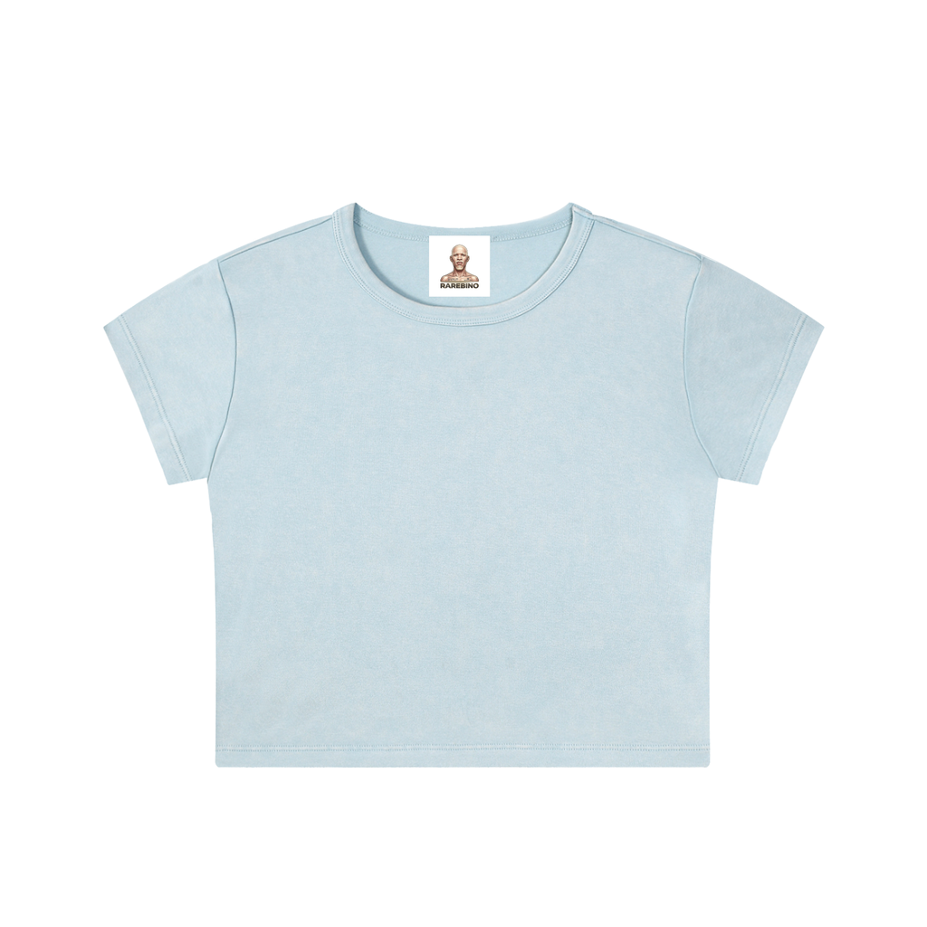 Snow Washed Crop Top by RAREBINO, showing a stylish light wash denim crop top with short sleeves and a relaxed fit.
