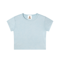 Snow Washed Crop Top by RAREBINO, showing a stylish light wash denim crop top with short sleeves and a relaxed fit.