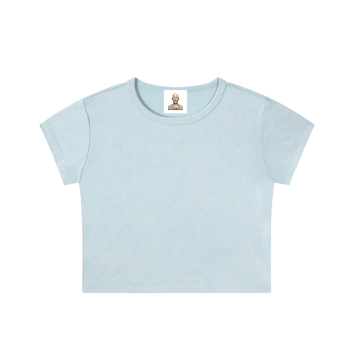 Snow Washed Crop Top by RAREBINO, showing a stylish light wash denim crop top with short sleeves and a relaxed fit.