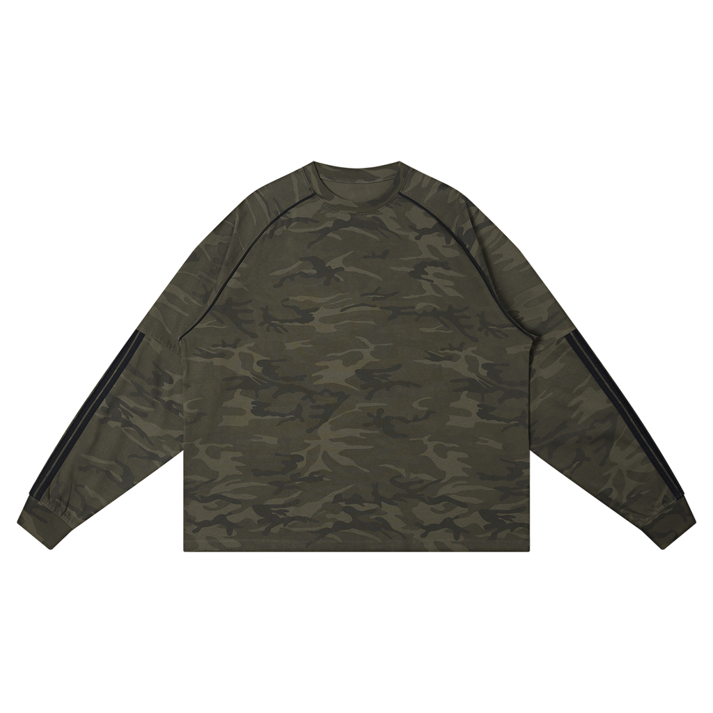 Camo loose long sleeve T-shirt by RAREBINO featuring a relaxed fit and camouflage pattern, casual streetwear style.